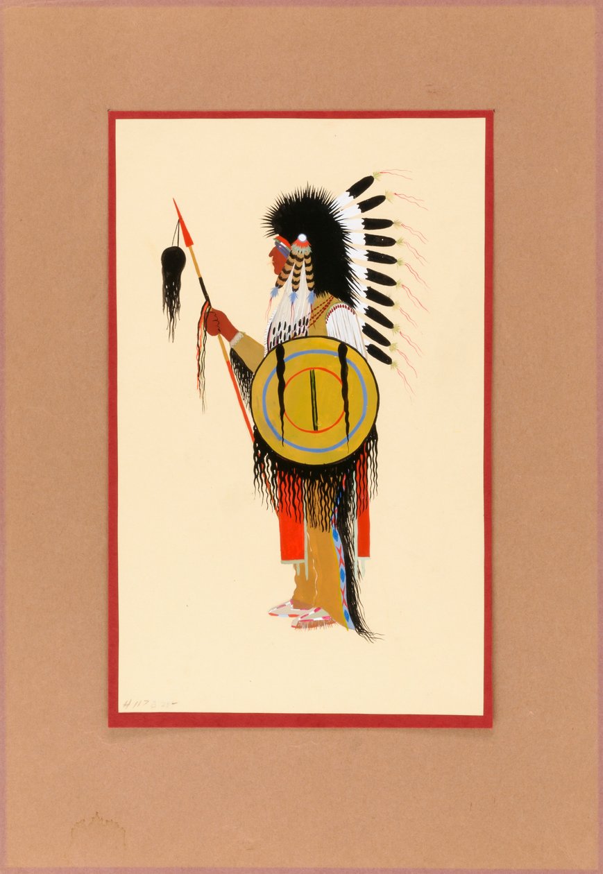 Cheyenne Warrior i fjerhovedbeklædning med skjold, ca. 1915-1937. af Monroe Tsatoke