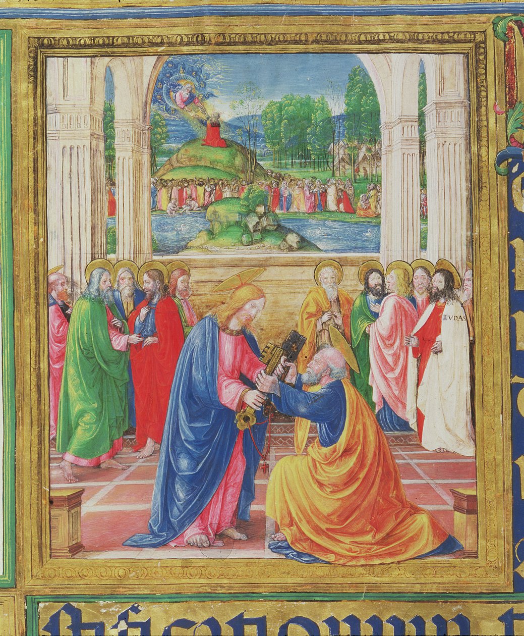Ms 542 f.3v Kristus giver nøglerne til Sankt Peter, i baggrunden leverer Gud lovens tavler til Moses, fra en psalter skrevet af Don Appiano fra kirken Badia Fiorentina, Firenze af Monte di Giovanni del Fora
