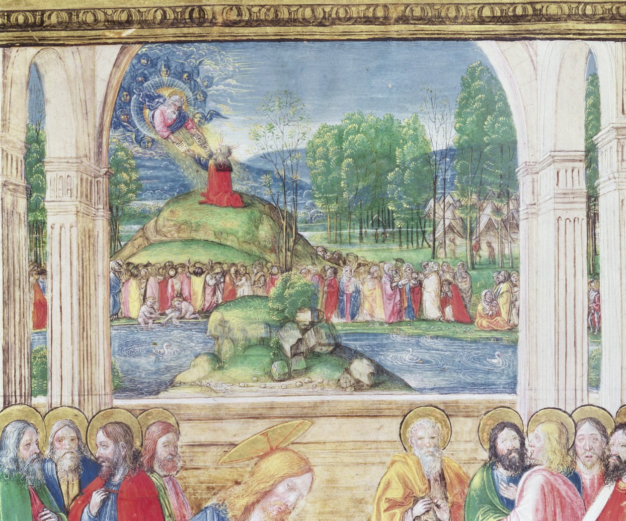 Ms 542 f.3v Moses modtager lovens tavler fra Gud, fra en psalter skrevet af Don Appiano fra Church of the Badia Fiorentina, Firenze, 1514-15 detalje af 78840 af Monte di Giovanni del Fora