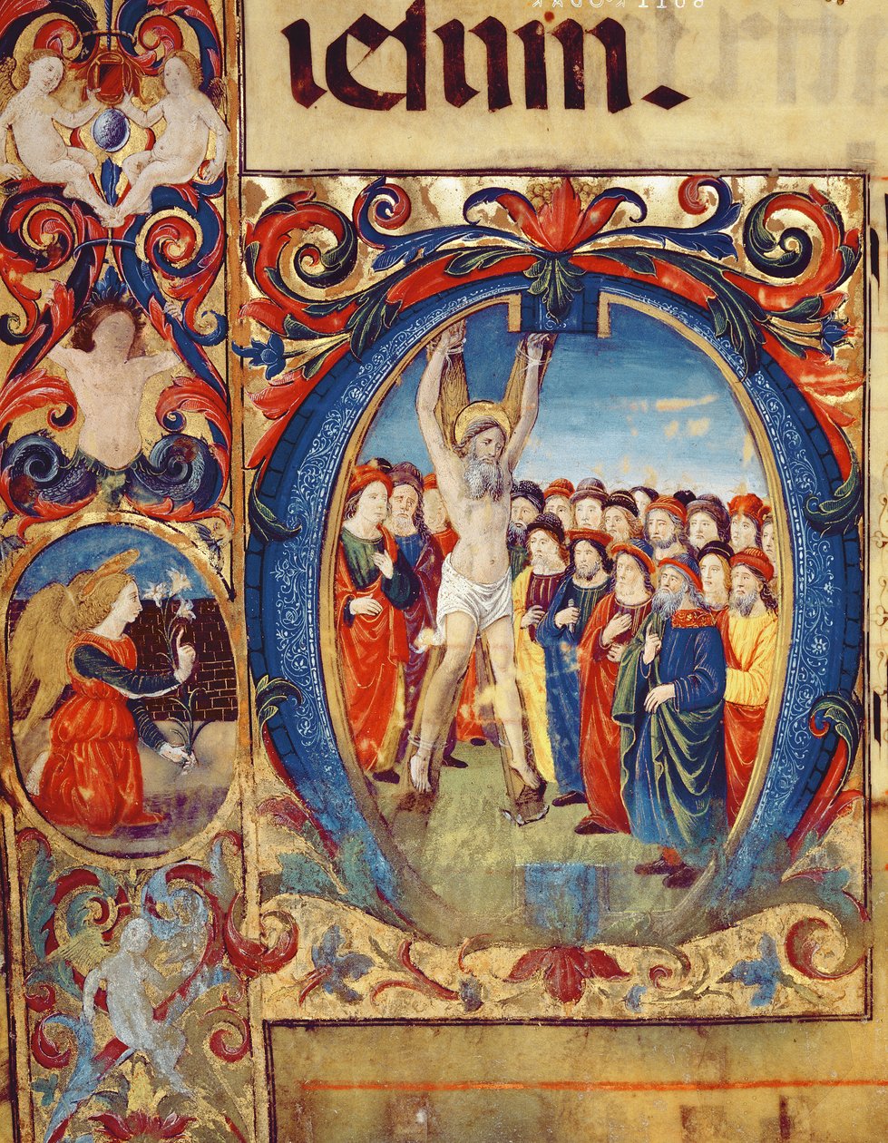 Ms 543 f.5v Historikeret initial O med korsfæstelsen af St. Andrew, fra en psalter, ca. 1515 af Monte di Giovanni del Fora