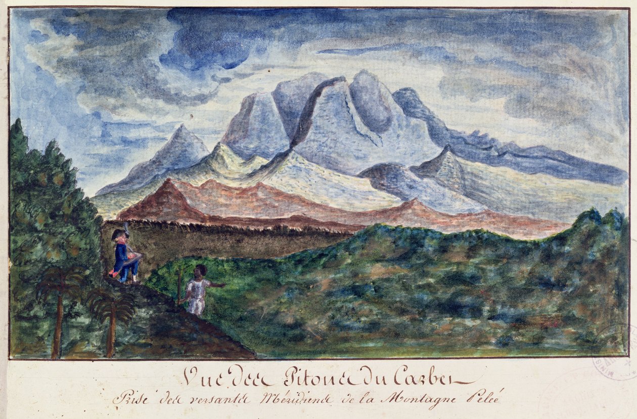 Udsigt over Pitons du Carbet fra Mount Pelee, Martinique, ca. 1815 (akvarel på papir) af Moreau de Jones