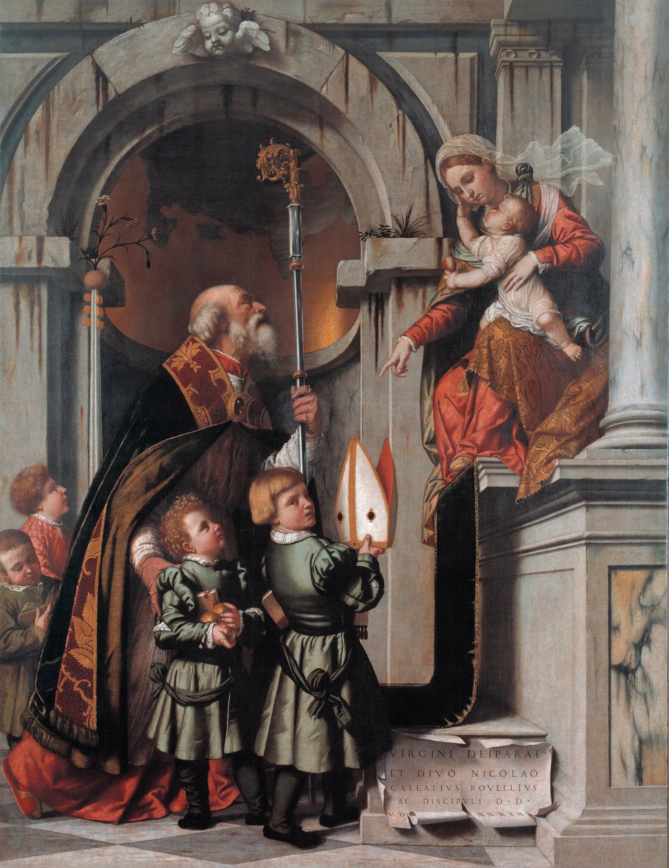 St. Nicholas of Bari præsenterer Rovelli -eleverne for Madonna og Child af Moretto da Brescia