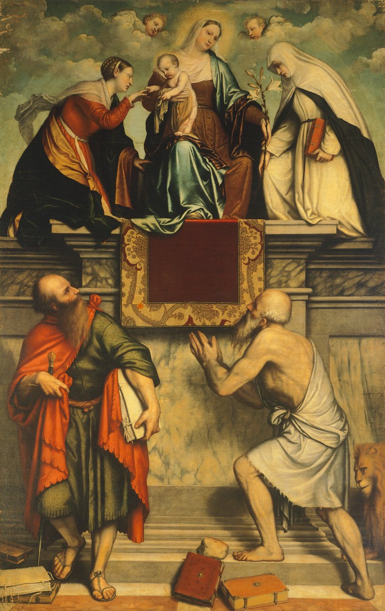 Tronet Madonna med Child, St. Catherine, St. Paul og St. Jerome af Moretto da Brescia
