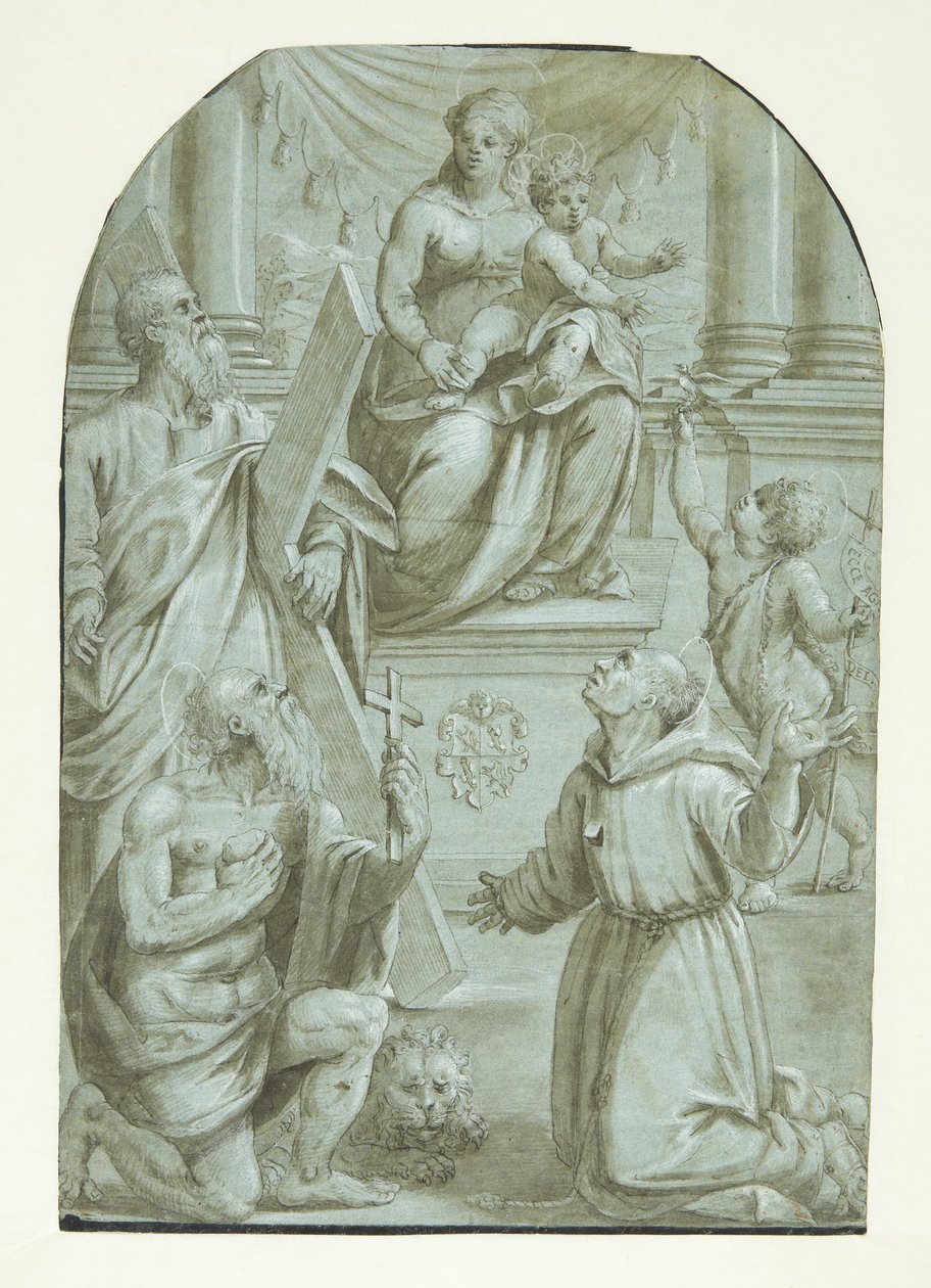 Maria med Jesusbarnet tronende, omgivet af apostlen Andreas, Johannes Døberen som barn, den hellige Jeronimus og den hellige Frans af Assisi af Moretto da Brescia