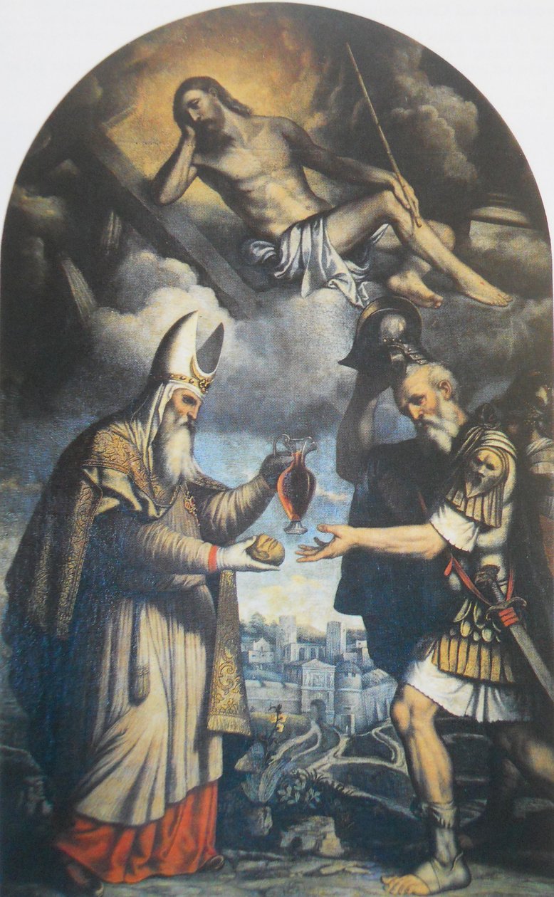 Melkisedek tilbyder brød og vin til patriarken Abraham af Moretto da Brescia