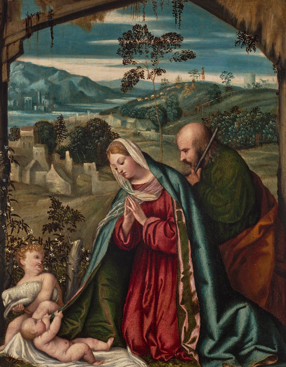 Den hellige familie i et landskab af Moretto da Brescia