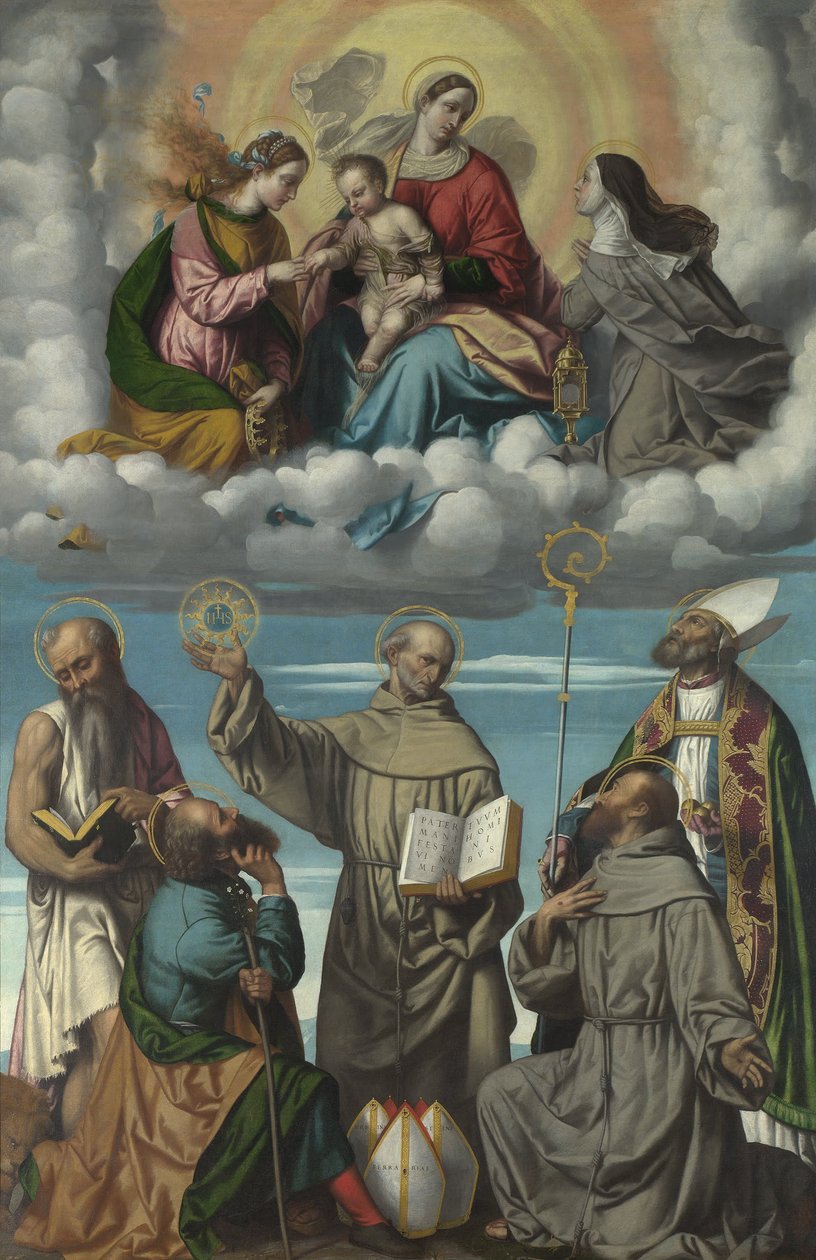 Jomfruen og barnet med Saint Bernardino og andre hellige af Moretto da Brescia