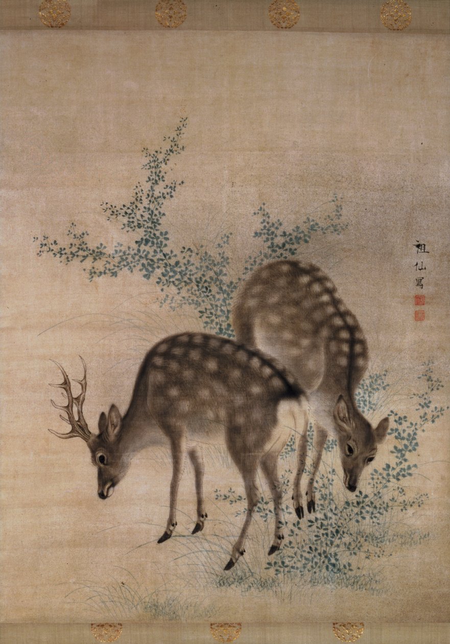 Hjorte græsser, ca. 1790 (akvarel på silke) af Mori Sosen