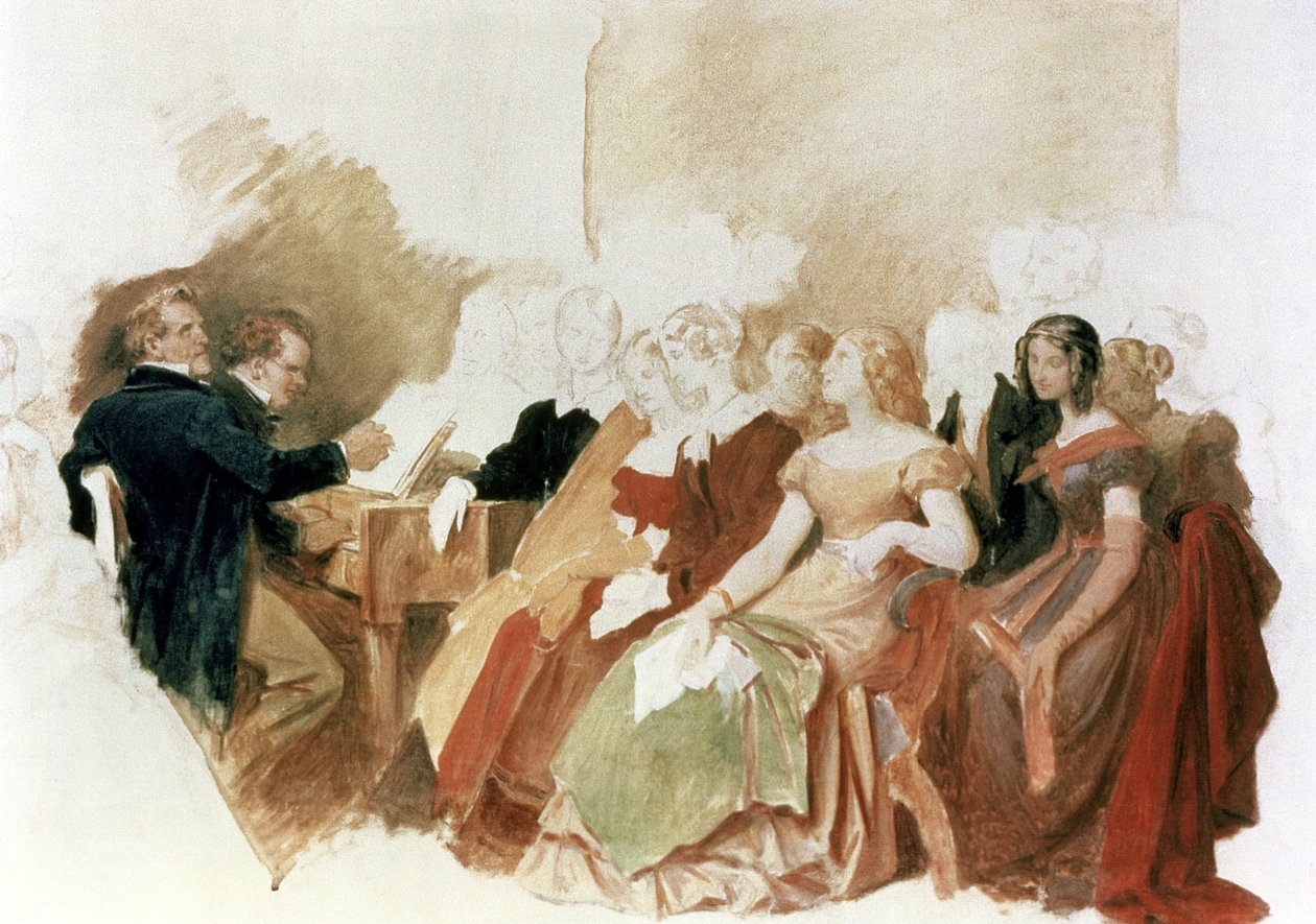 Studie til en aften hos Baron von Spaun: Schubert ved klaveret blandt sine venner, herunder operabarytonen Johann Vogl (1768-1840) af Moritz Ludwig von Schwind