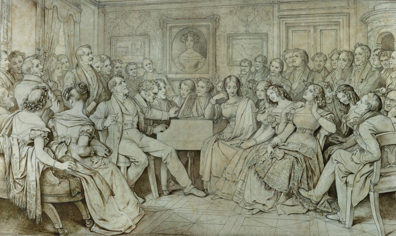 En aften hos baron Spaun, Schubert ved klaveret, tenoren Johann Michael Vogl synger ... (blæk, sepia) af Moritz Ludwig von Schwind