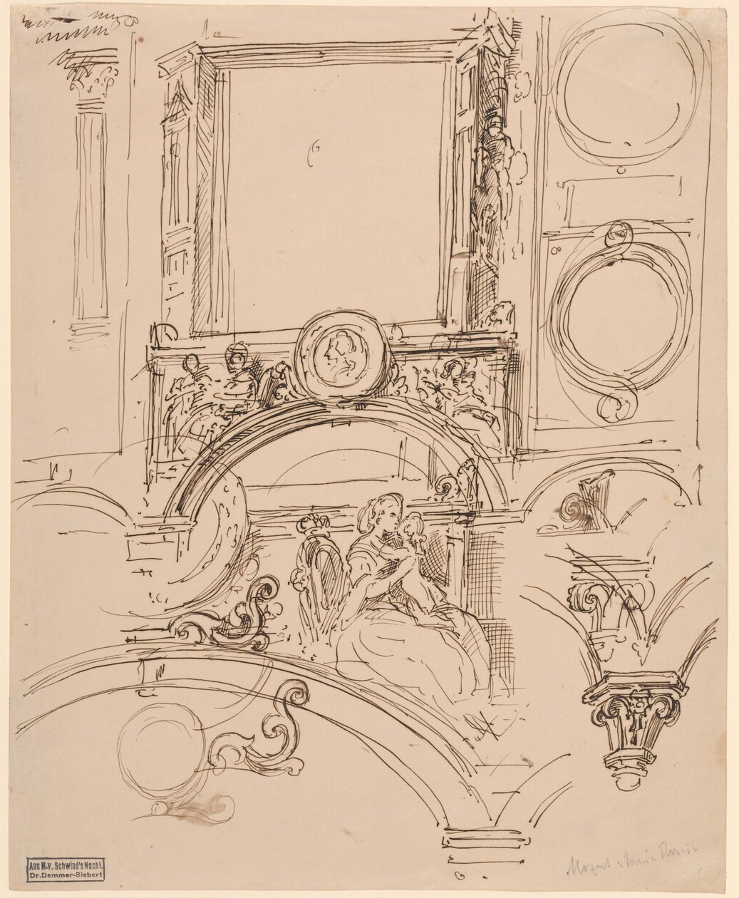 Arkitektoniske detaljer til en vægdekoration med kejserinde Maria Theresia, der omfavner den unge Wolfgang Amadeus Mozart, ca. 1864 (pen og blæk) af Moritz Ludwig von Schwind