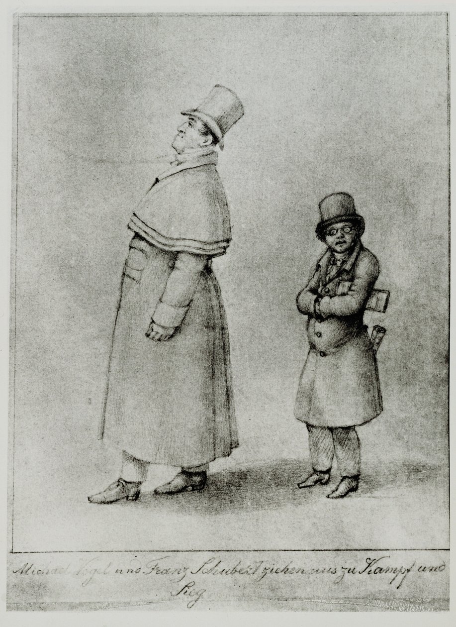 Johann Michael Vogl og Franz Schubert marcherer til kamp og sejr ... (kobberstik) af Moritz Ludwig von Schwind