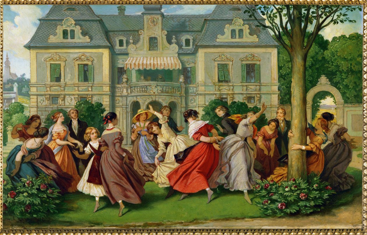 Selskabslege, en herregård i baggrunden ... (oliemaleri) af Moritz Ludwig von Schwind