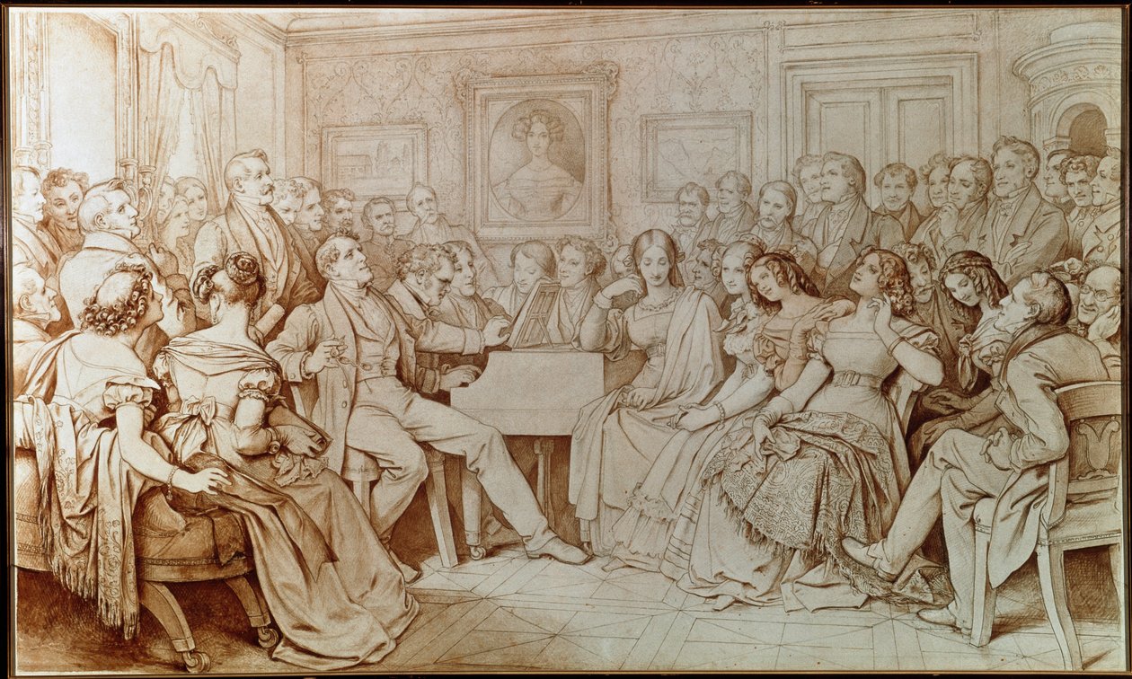 Komponisten Franz Schubert akkompagnerer tenor Johann Michael Vogl ved en musikalsk aften hos Baron von Spaun (Tegning af Moritz Ludwig von Schwind