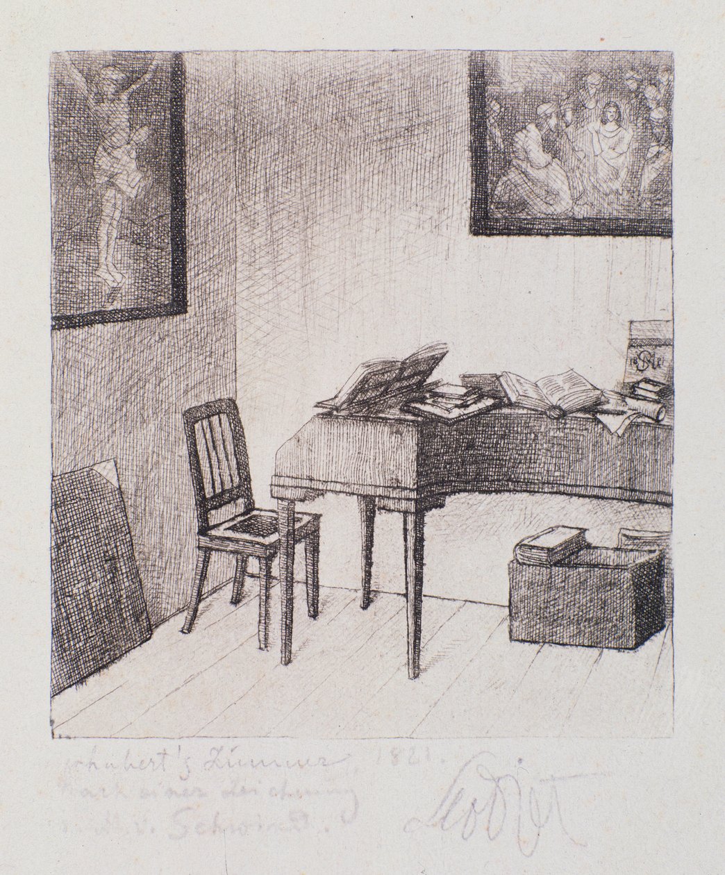 Udsigt over Franz Schuberts værelse (negravering) af Moritz Ludwig von Schwind