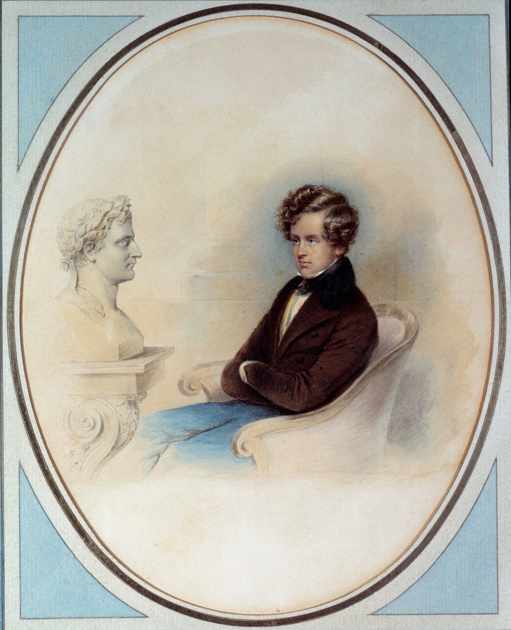 Portræt af kongen af Rom Napoleon II, hertug af Reichstadt (1811-1832), søn af kejser Napoleon I (1769-1821), foran sin fars buste Tryk af Moritz Michael Daffinger (1790-1849) 19. århundrede Privatsamling af Moritz Michael Daffinger