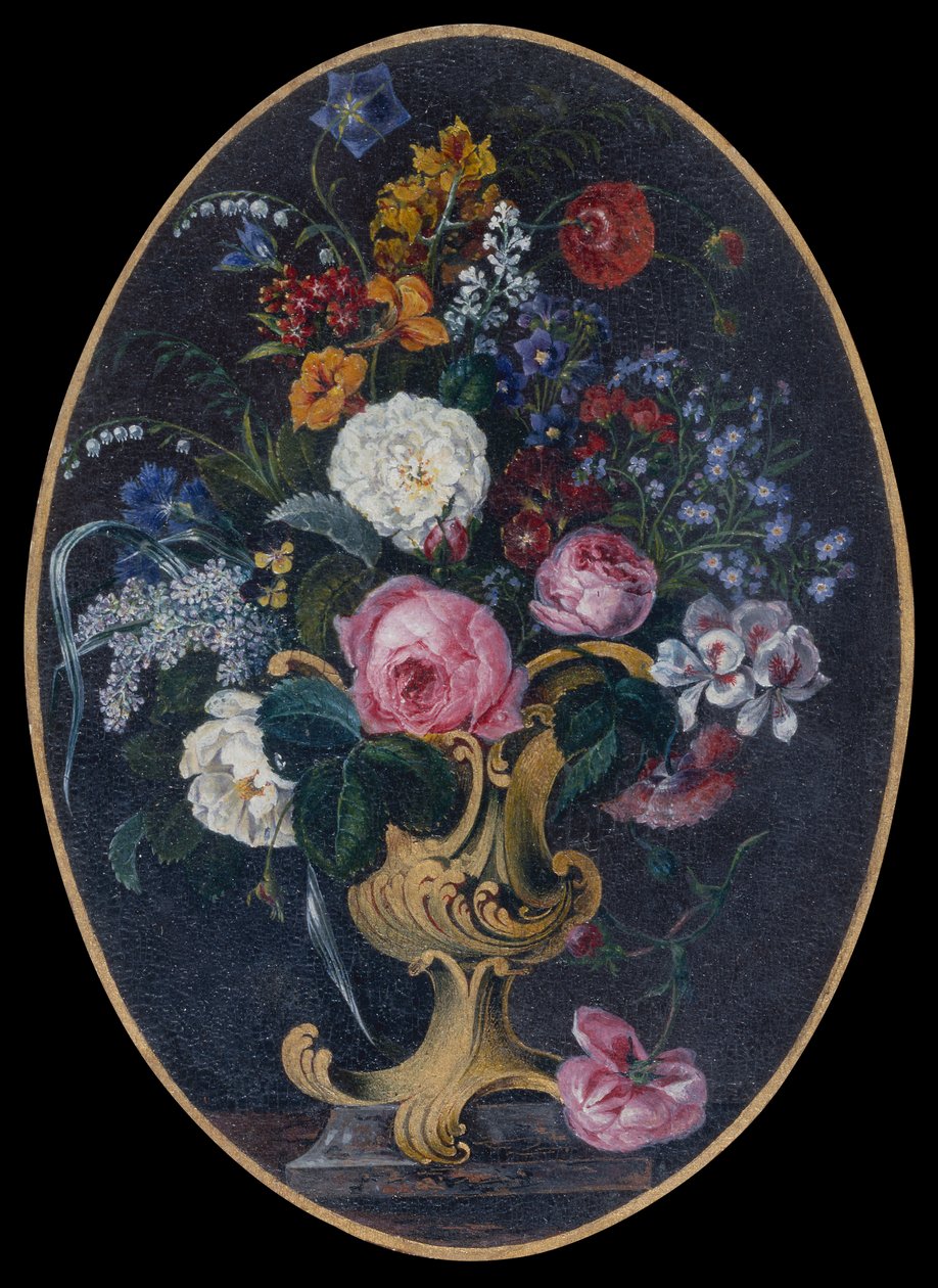 Roser, lavendel, valmuer og blomster i en rokokogryde (gouache) af Moritz Michael Daffinger