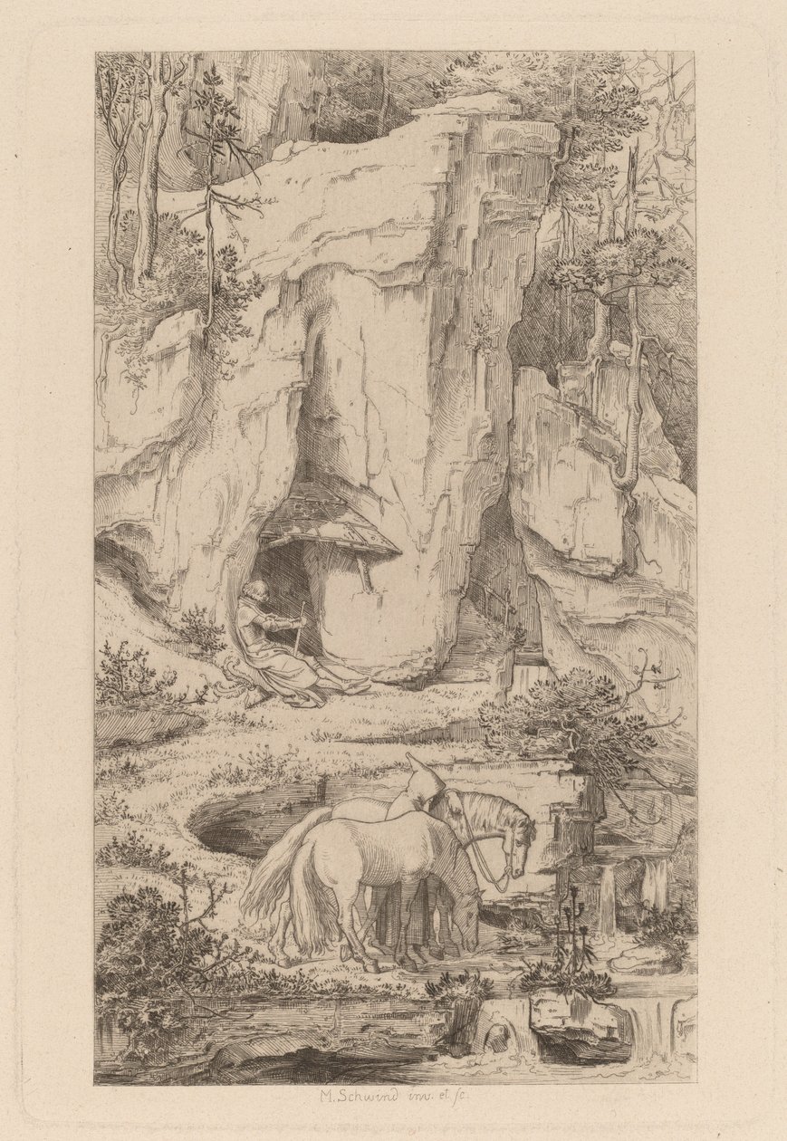 En munk fører heste til vand af Moritz Ludwig von Schwind