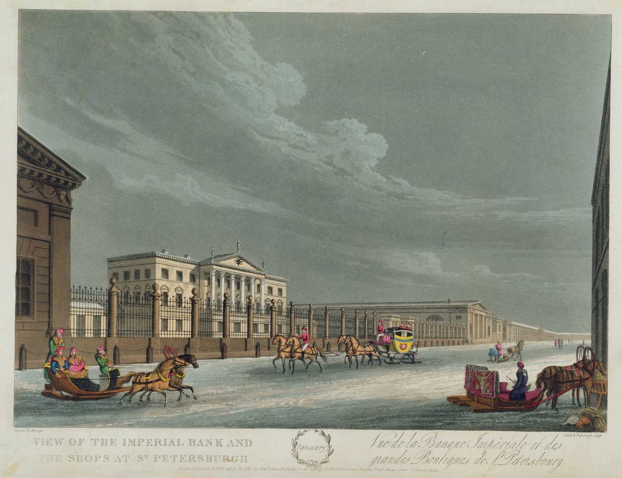 Udsigt over Imperial Bank og butikkerne i St. Petersburg, illustration for januar fra 
