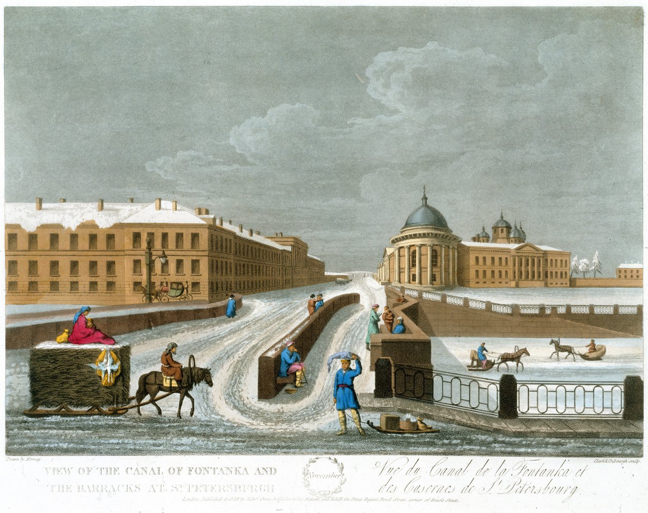 Udsigt over Fontanka-kanalen og kasernen, illustration for november fra A Year in St. Petersburg ætset af John H. Clark, farvelagt af M. Dubourg. pub. 1815 i London af Edward Orme (farve lith af Mornay