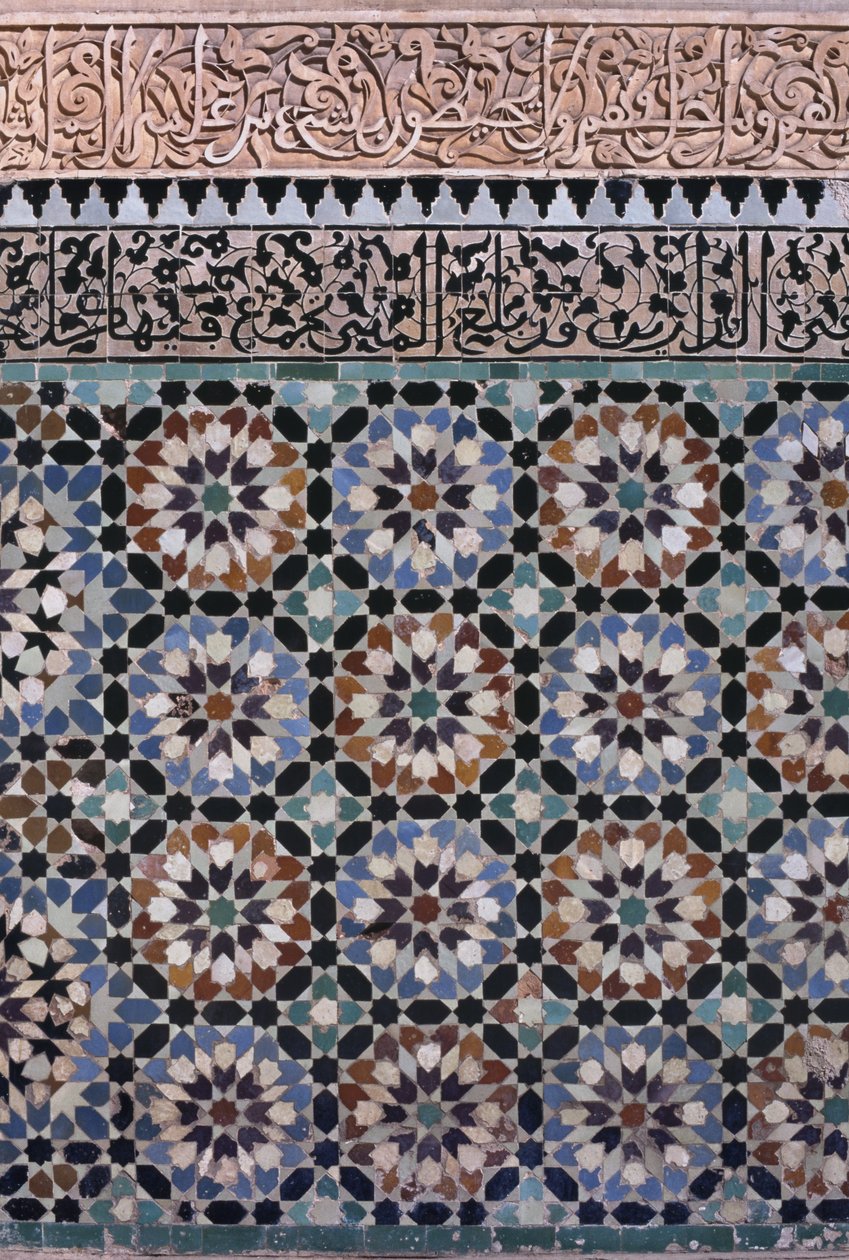 Væg til hovedgården, detalje, bygget af saadierne i 1565 (zellij teglværk og stuk) af Moroccan School