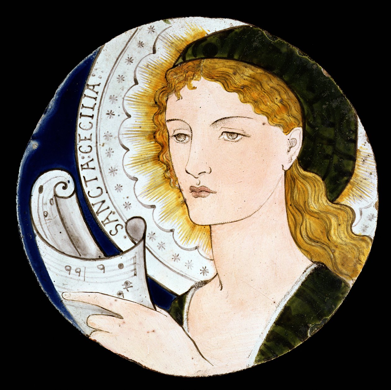 C.2-1922 Morris and Company-flise forestillende St. Cecilia, designet af Edward Burne-Jones (1833-98), malet af Kate Faulkner, ca. 1865 (malet fajance) af Morris and Company