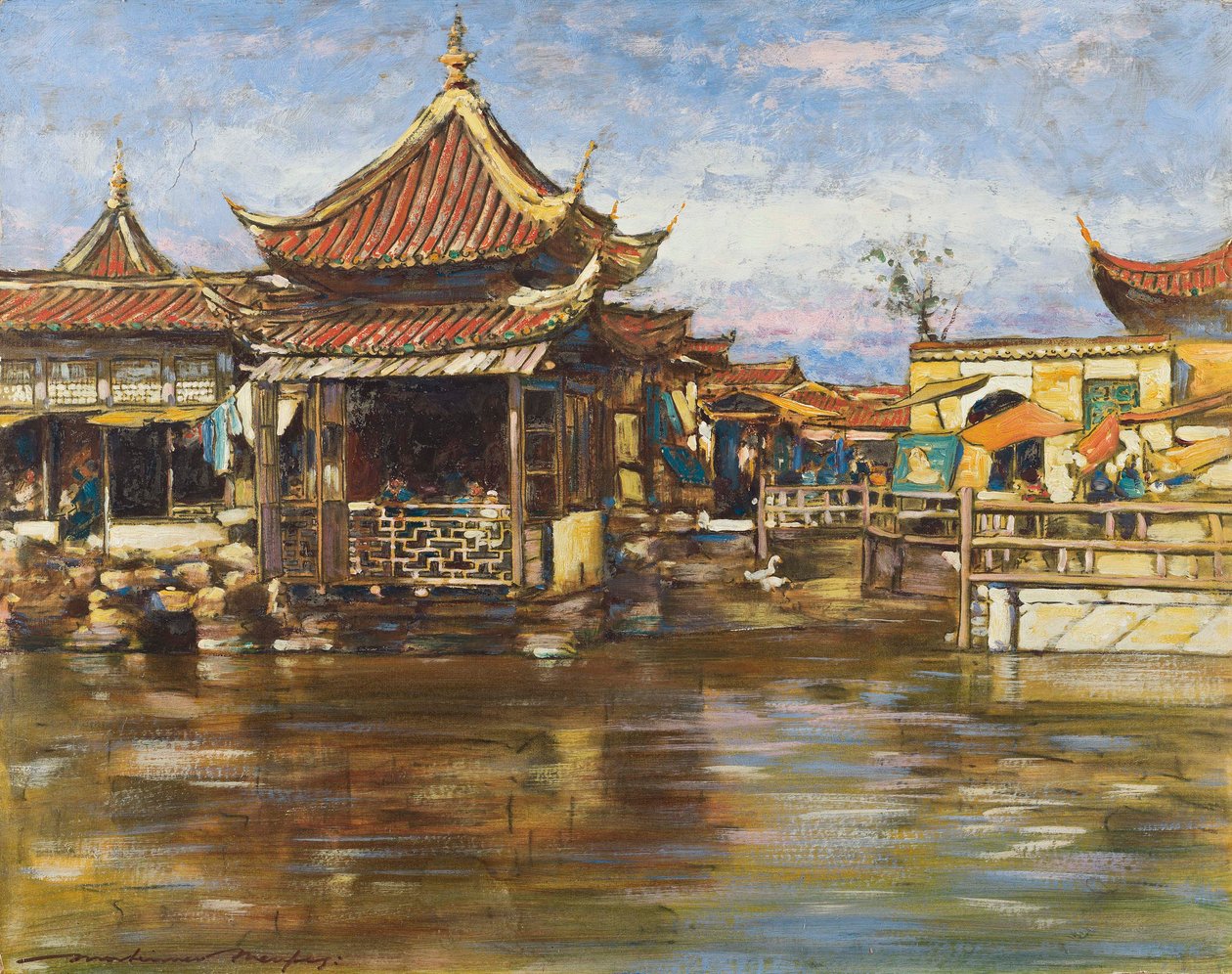 A Tea House, Shanghai, ca. 1909 (gouache og olie ombord) af Mortimer Ludington Menpes