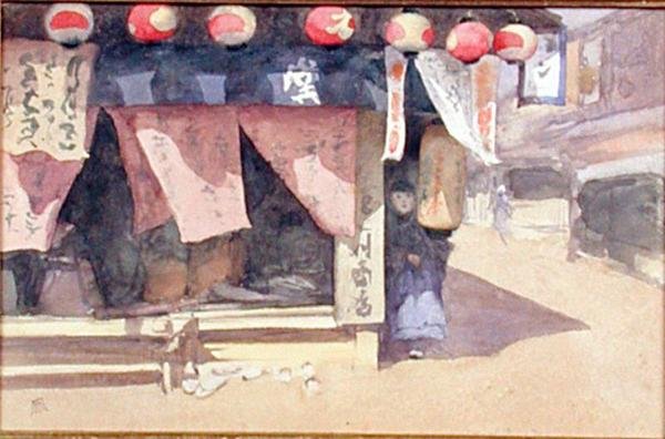 Udenfor et tehus, Japan, ca. 1887-88 (akvarel på kort) af Mortimer Ludington Menpes