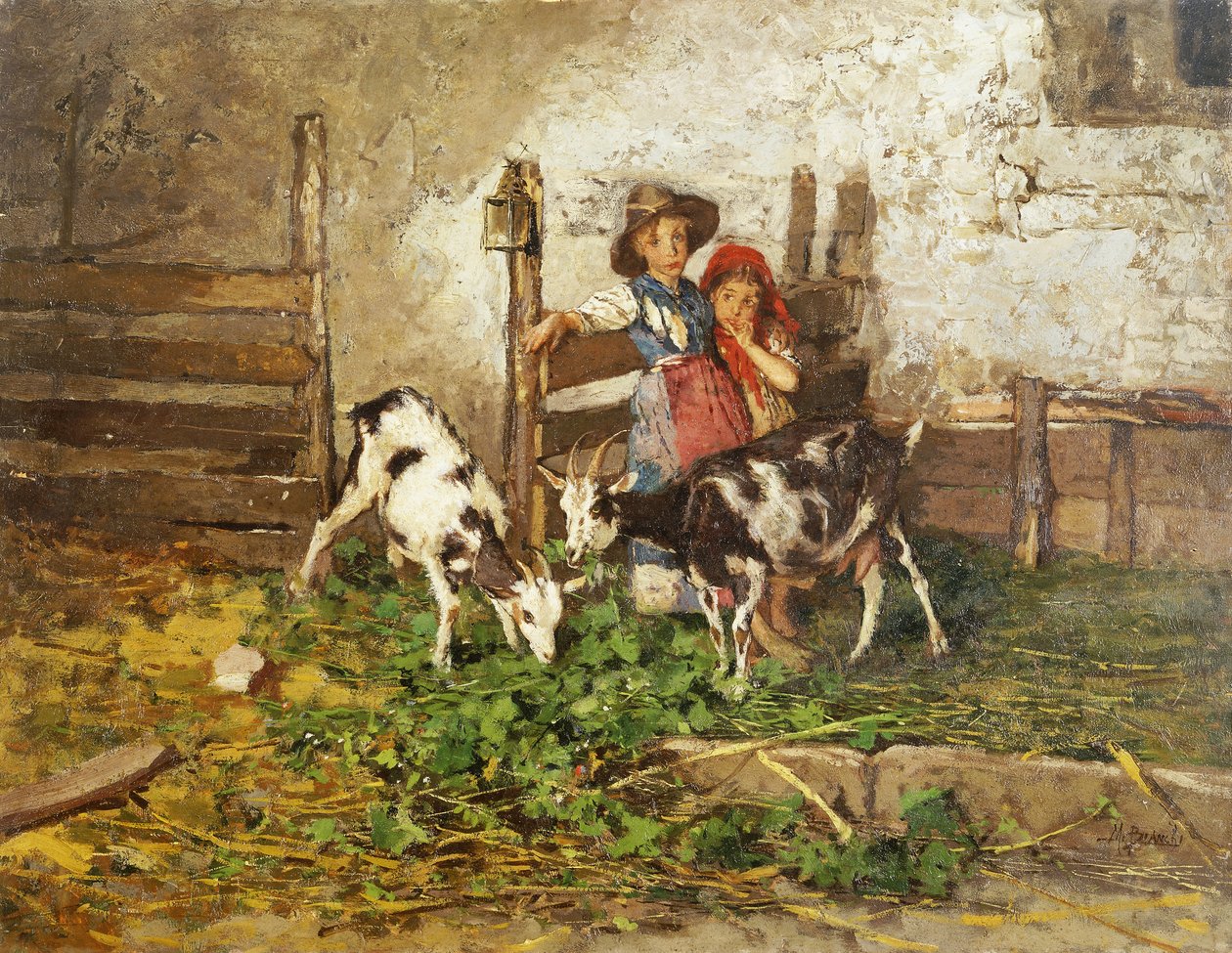 Børn og geder i en lade, af Mose Bianchi