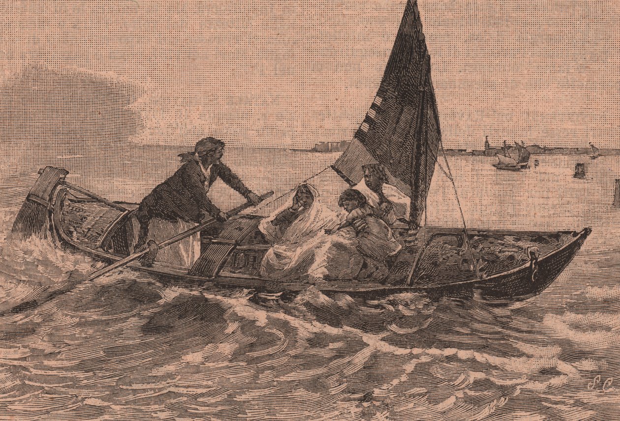 Krydser lagunen, maleri af Mose Bianchi (1836-1892), Chioggia, Veneto, Italien, træsnit fra Le cento citta d