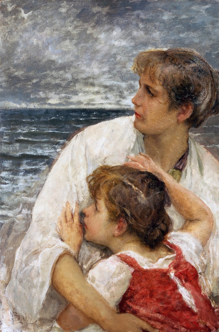 Maternity, af Mose Bianchi (1840-1904), olie på bord, 75x49,5 cm af Mose Bianchi