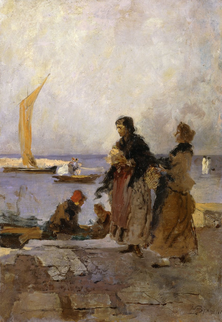 På kajen ved Chioggia; På molen i Chioggia, af Mose Bianchi