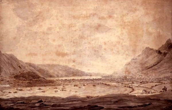 Panoramaudsigt over Derwentwater og Keswick-dalen, detalje af en dal med Bassenthwaite i det fjerne, ca. 1772 af Moses Griffith