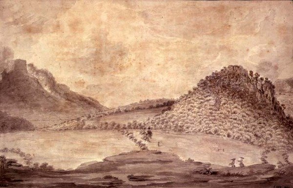 Panoramaudsigt over Derwentwater og Vale of Keswick, detalje af landskabet inklusive Castle Head, ca. 1772 af Moses Griffith