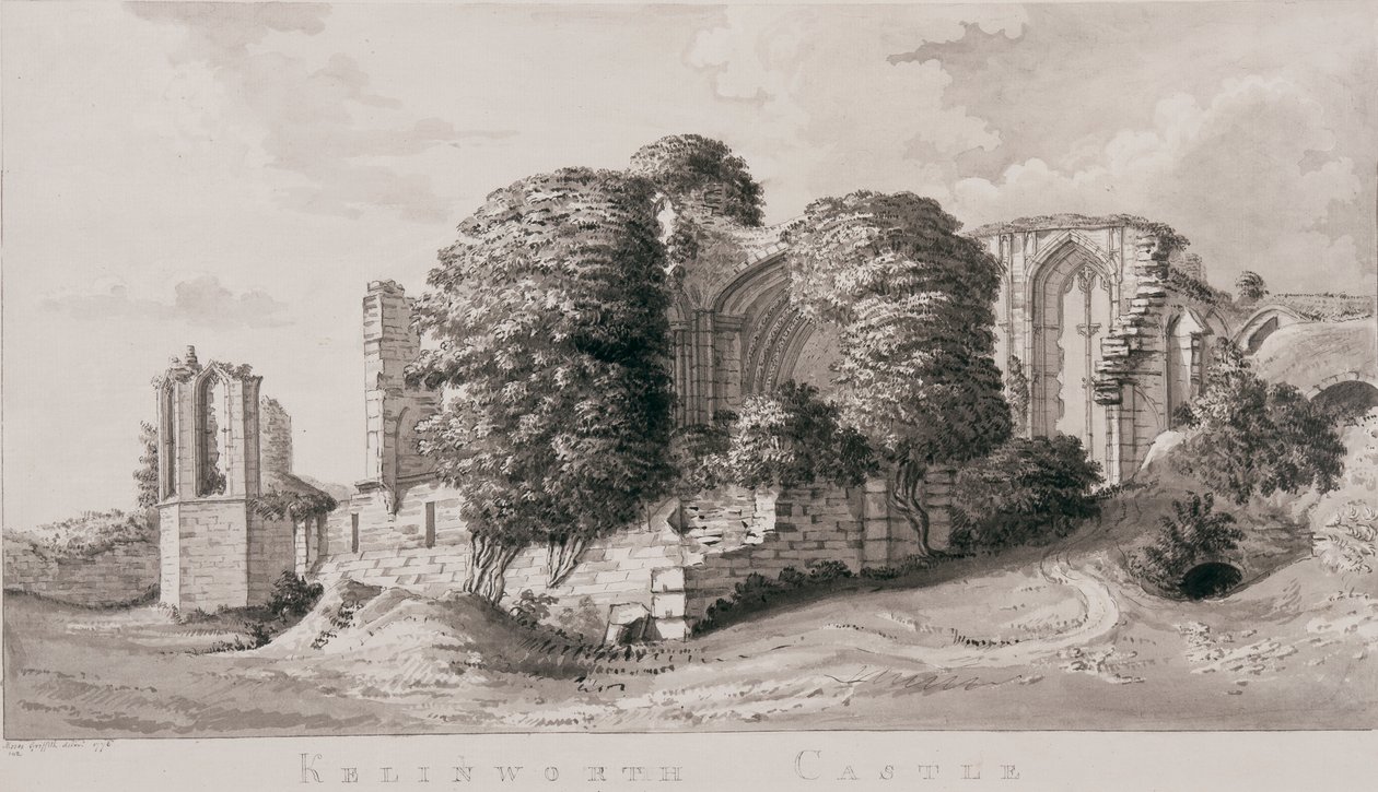 Kenilworth Castle, 1776 (pen, pensel og blæk på papir) af Moses Griffith