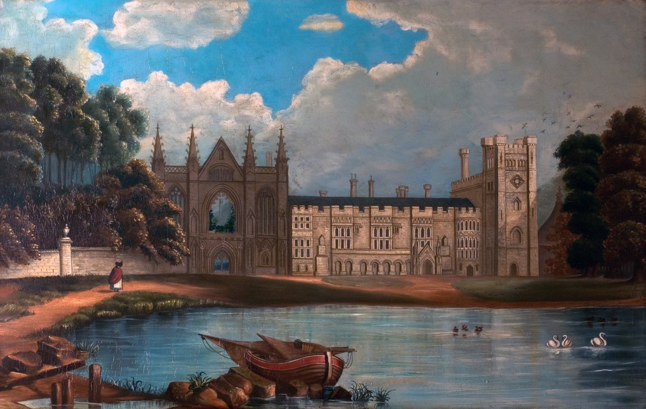 West View of Newstead Abbey, Nottinghamshire, 1820-34 (olie på træ 65 x 101,5) af Moses after Webster