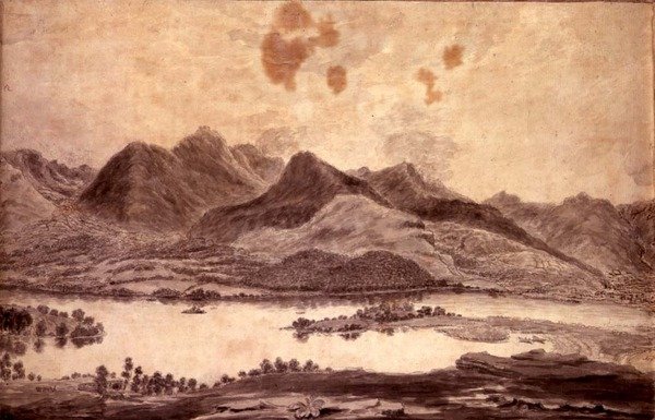 Panoramaudsigt over Derwentwater og Vale of Keswick, detalje af den nordlige ende af Derwent Water, ca. 1772 (blyant og vask på papir) (se 92086 og 92088-91) af Moses (attr. to) Griffith