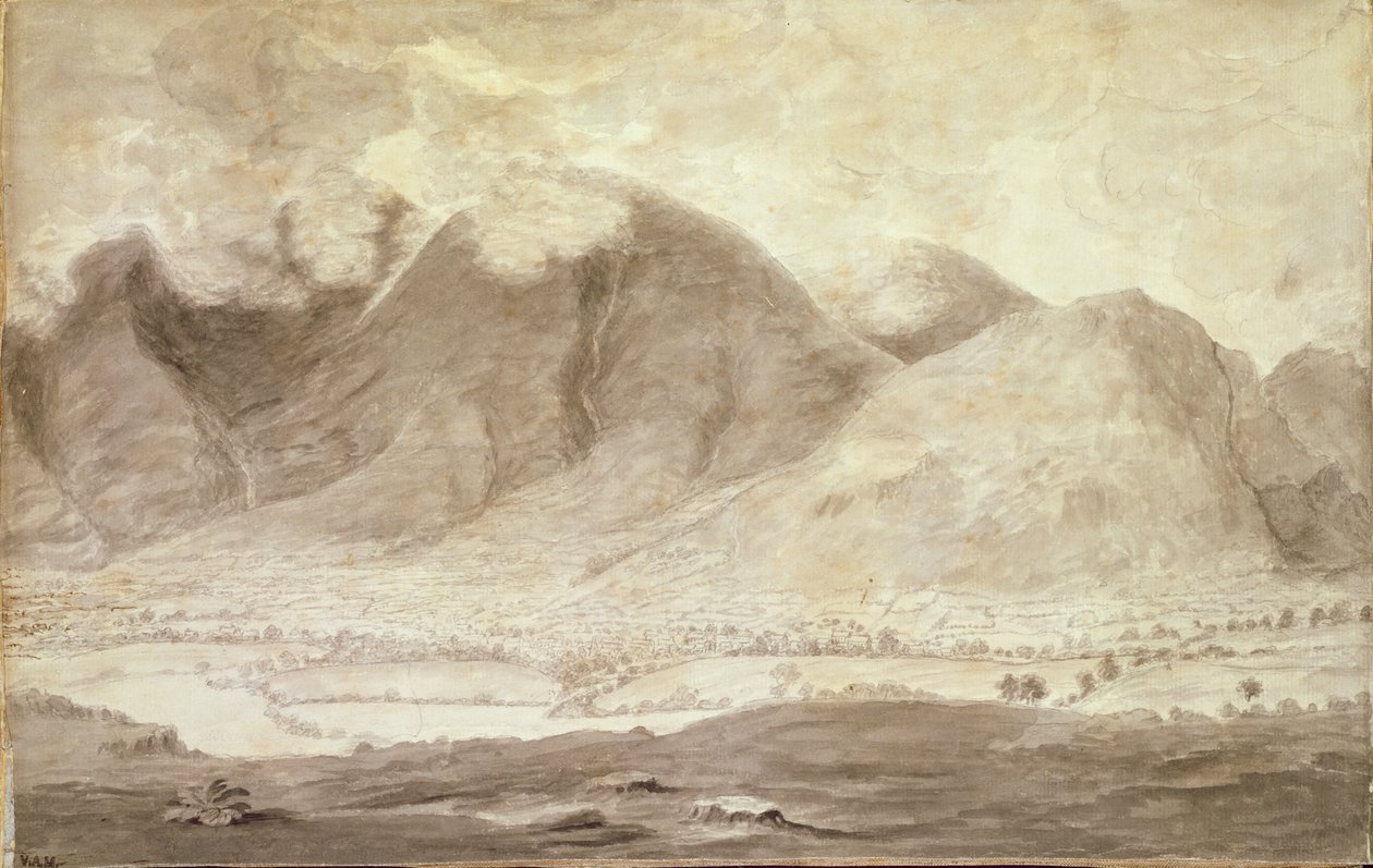 Panoramaudsigt over Derwentwater og Keswick-dalen, detalje af Skiddaw og Keswick, ca. 1772 blyant og vask på papir, se 92086-88 og 92090-91 af Moses Griffith