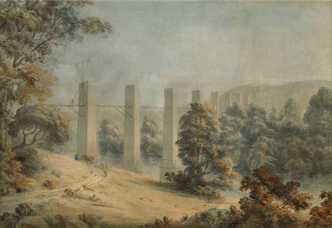 Pant-y-Gessylte Aqueduct, Pontcysyllte (akvarel på papir) af Moses Griffith