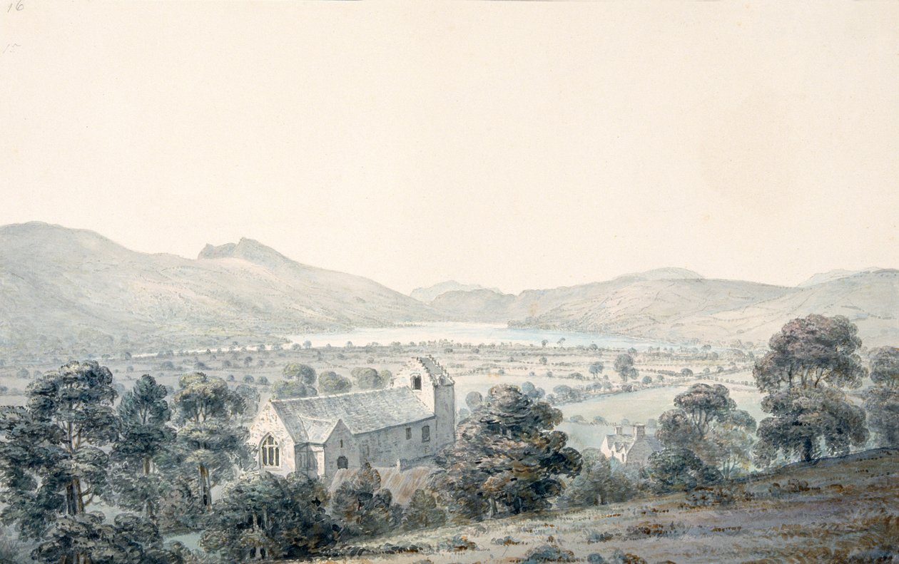 Udsigt til Bala Pool, Llyntagit, fra over Llanfawr Church, Meirionethshire af Moses Griffith