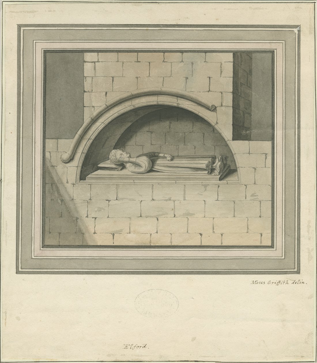 Elford Church - "The Stanley Monument": vandfarvetegning, nd [?18. århundrede] af Moses Griffiths