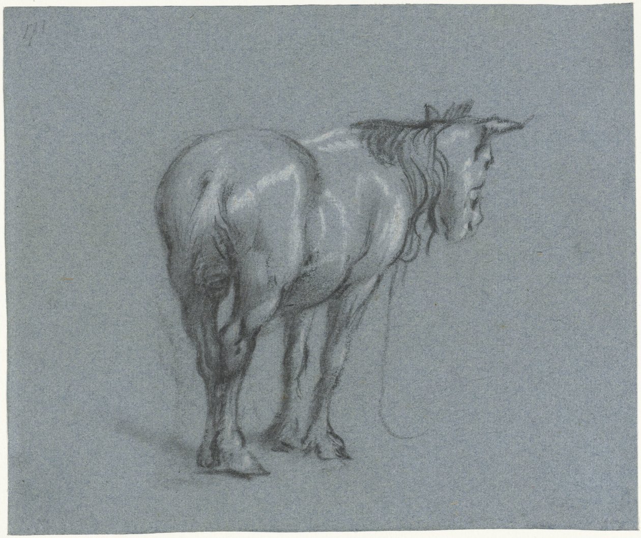 Studie af en hest bagfra, til højre Stående arbejdsheste (serietitel) af Moses Ter Borch