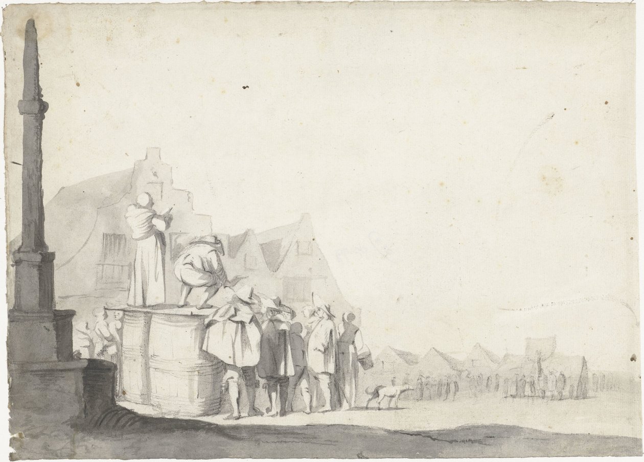Markedsplads med udtaler på en tønde af Moses ter Borch (possibly)
