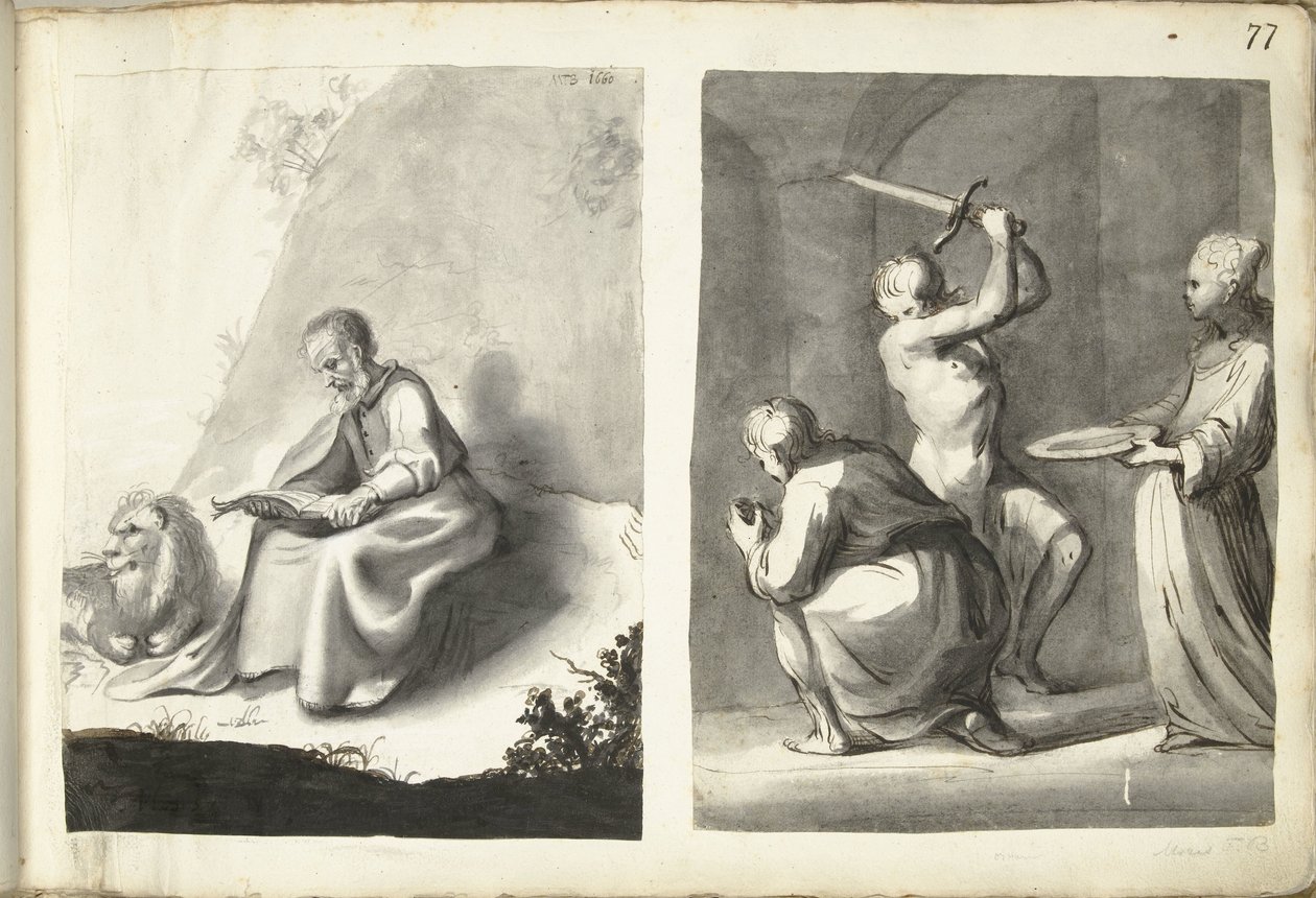 Sankt Hieronymus i ørkenen og halshugning af Johannes Døberen af Moses ter Borch (signed by artist)