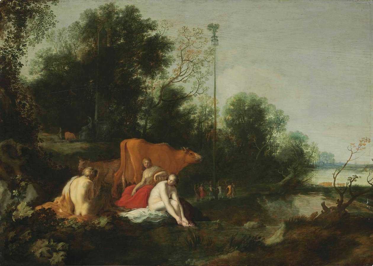 Tysk: Pan und Nymphen beim Baden Landskab med satyr, nymfer og kvæg af Moses van Uyttenbroeck