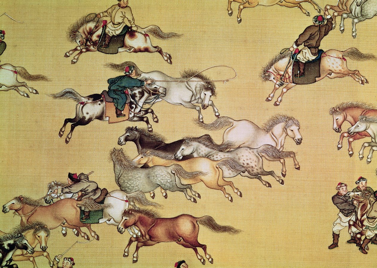 Voyage of Emperor Qianlong (1736-96) detalje fra en rulle, Qing-dynastiet (malet silke) af Mou Lan