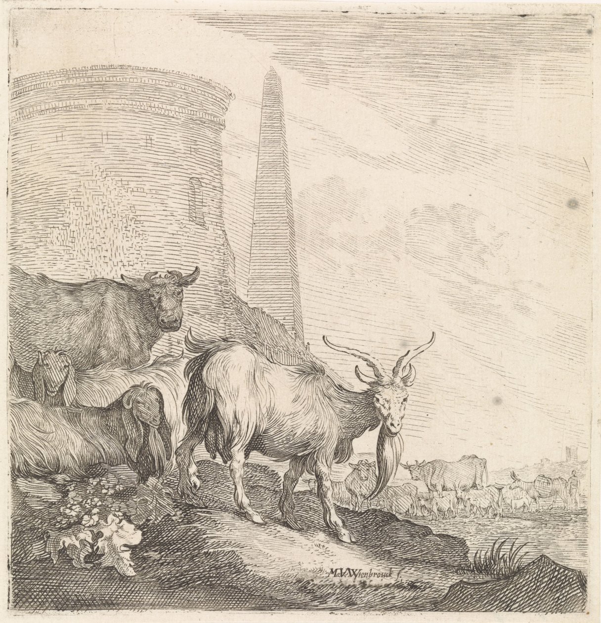 Geder og køer ved et rundt tårn med en obelisk Firbenede dyr (serietitel) af Moyses van Wtenbrouck