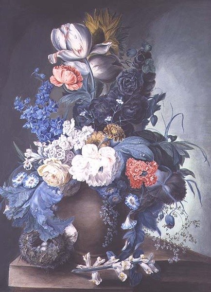 Gruppe af blomster i en krukke og fuglerede af Mrs.Margaret Meen
