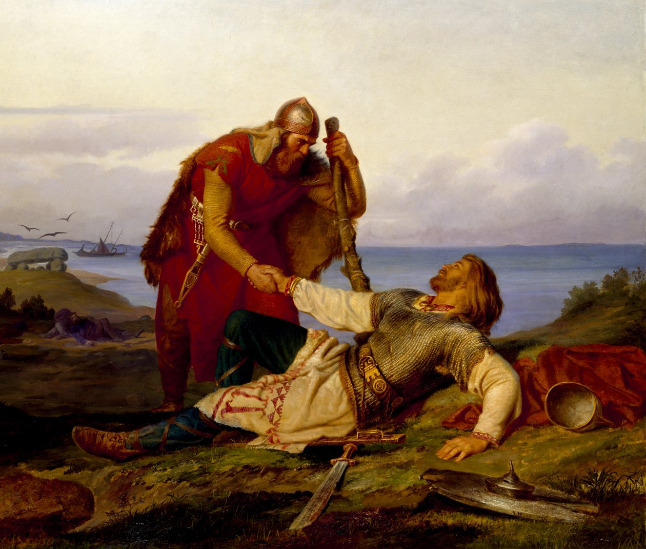 Hjalmar tager afsked med Örvar-Oddr efter slaget ved Samsø, 1866. af Mårten Eskil Winge