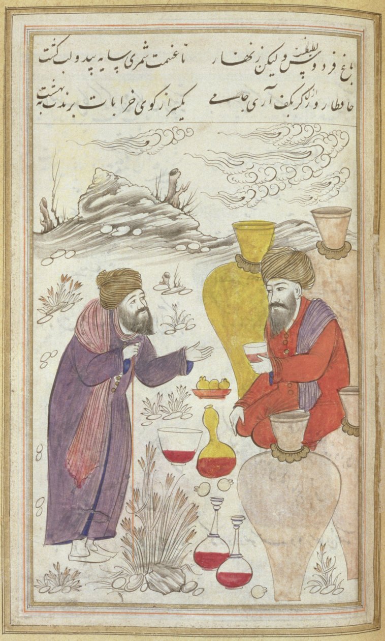 En mand, der læner sig op ad en pind, taler med en mand omgivet af store krukker, flasker vin står foran ham, fra Divan of Hafiz, ca. 1650 af Mughal School